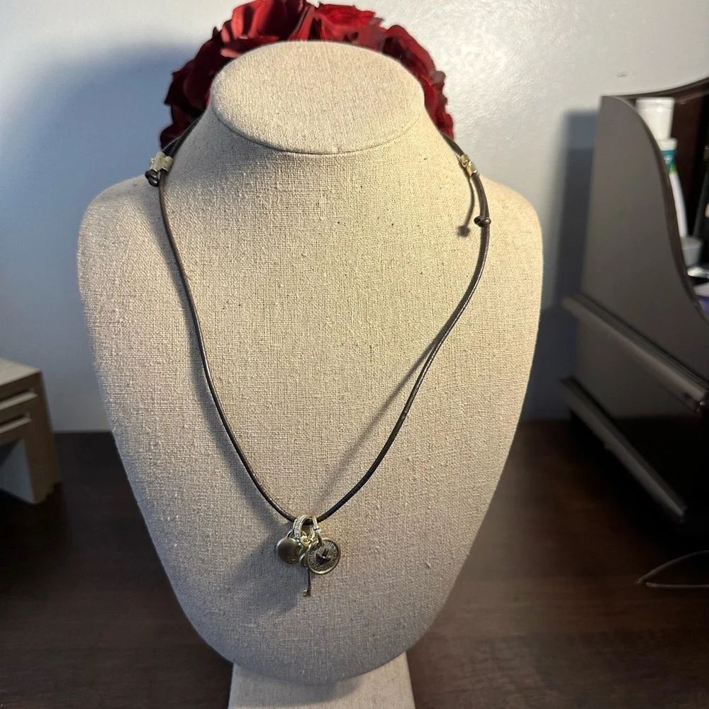 Fossil Brand Lock and Key Charm Necklace Long Brown Corded Necklace